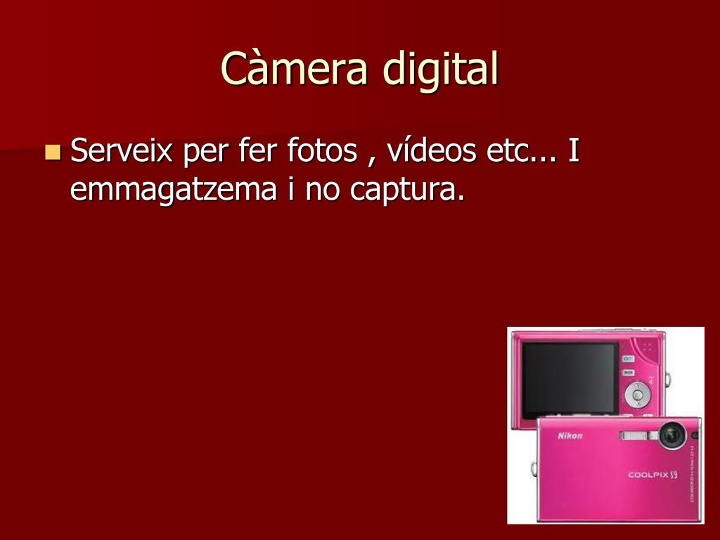Càmera digital Serveix per fer fotos , vídeos etc... I emmagatzema i no captura.