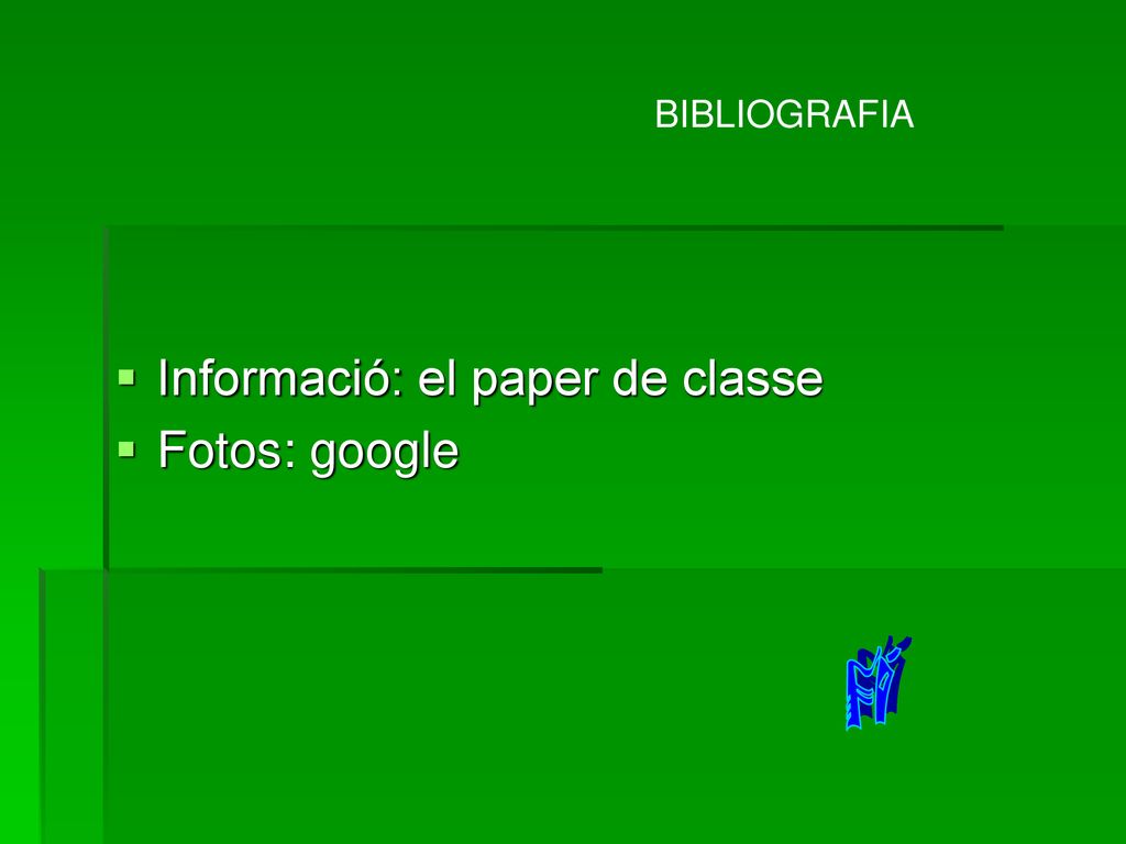 BIBLIOGRAFIA Informació: el paper de classe Fotos: google FÍ