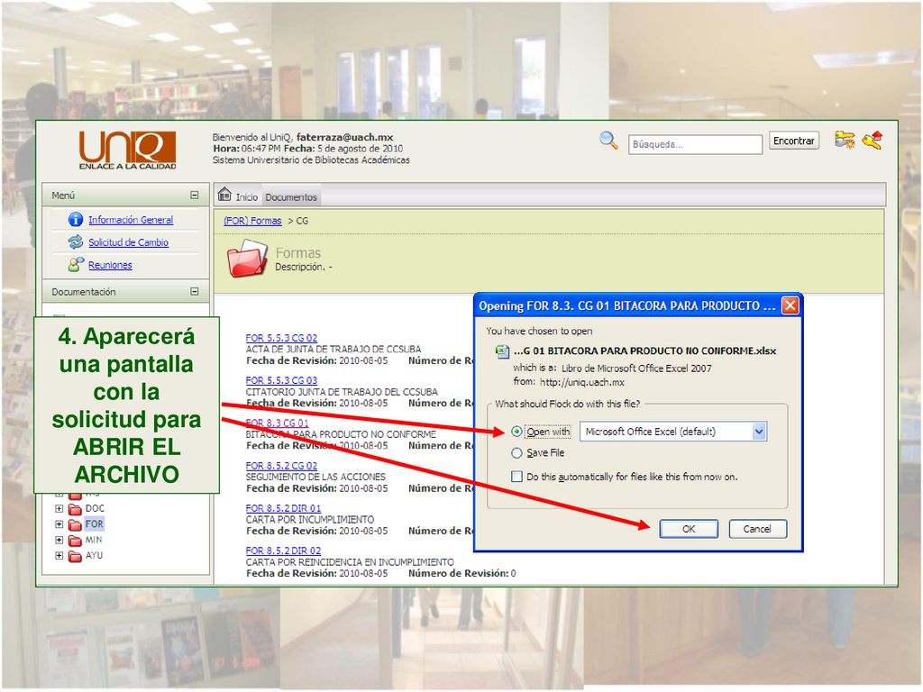 4. Aparecerá una pantalla con la solicitud para ABRIR EL ARCHIVO