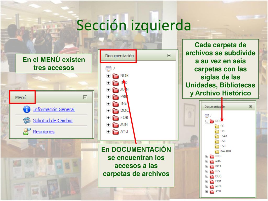 Sección izquierda Cada carpeta de archivos se subdivide a su vez en seis carpetas con las siglas de las Unidades, Bibliotecas y Archivo Histórico.