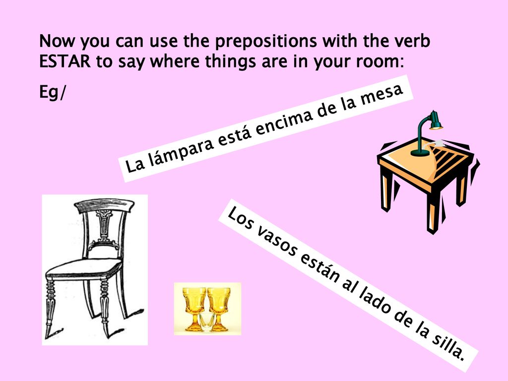Now you can use the prepositions with the verb ESTAR to say where things are in your room: