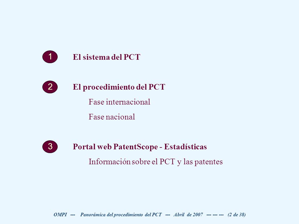 1 El sistema del PCT. El procedimiento del PCT. Fase internacional. Fase nacional. Portal web PatentScope - Estadísticas.