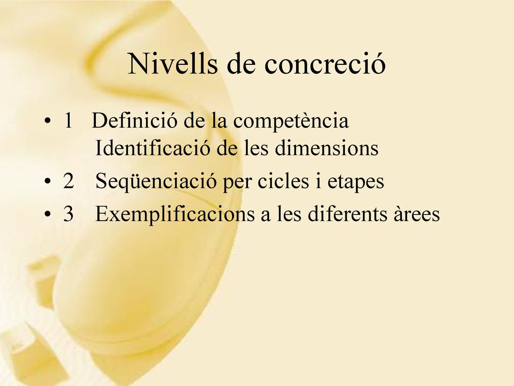 Nivells de concreció 1 Definició de la competència Identificació de les dimensions. 2 Seqüenciació per cicles i etapes.