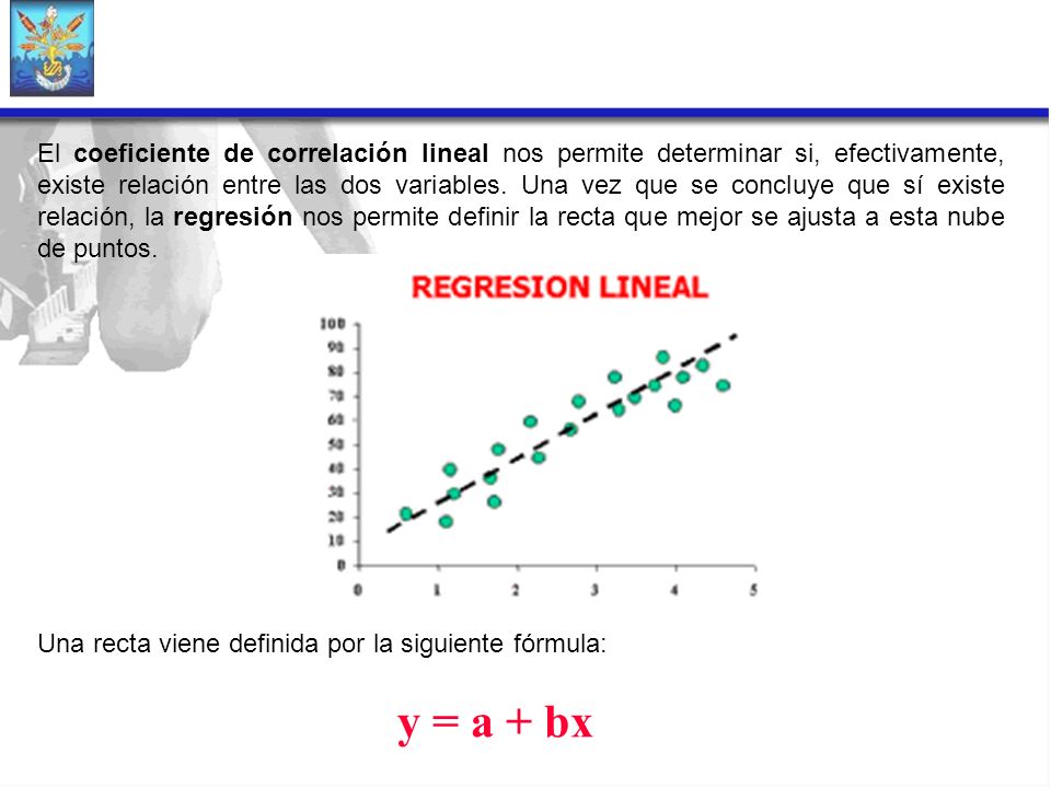 El coeficiente de correlación lineal nos permite determinar si, efectivamente, existe relación entre las dos variables. Una vez que se concluye que sí existe relación, la regresión nos permite definir la recta que mejor se ajusta a esta nube de puntos.