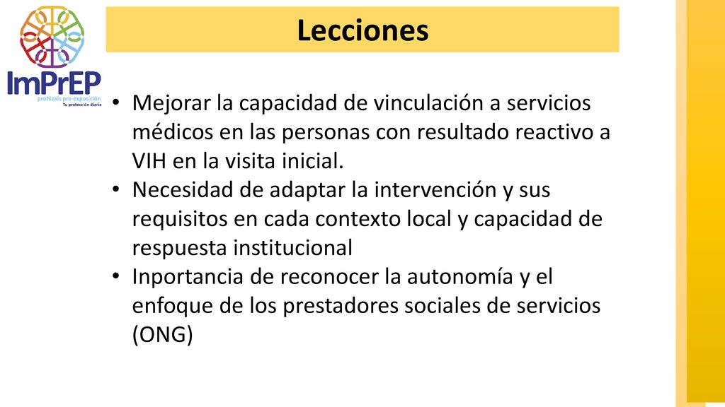 Lecciones Mejorar la capacidad de vinculación a servicios médicos en las personas con resultado reactivo a VIH en la visita inicial.