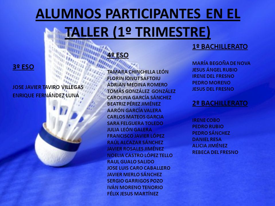 ALUMNOS PARTICIPANTES EN EL TALLER (1º TRIMESTRE)
