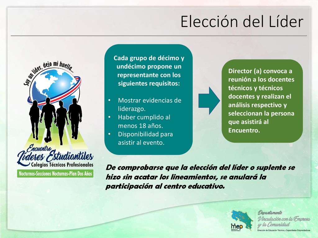 Elección del Líder Cada grupo de décimo y undécimo propone un representante con los siguientes requisitos: