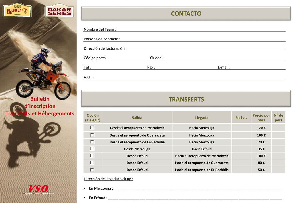 CONTACTO TRANSFERTS Nombre del Team : Persona de contacto :