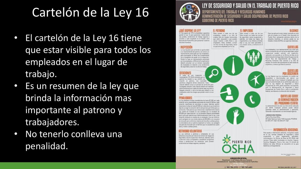 Cartelón de la Ley 16 El cartelón de la Ley 16 tiene que estar visible para todos los empleados en el lugar de trabajo.