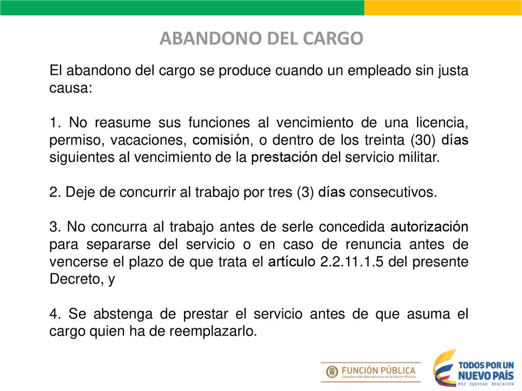 ABANDONO DEL CARGO El abandono del cargo se produce cuando un empleado sin justa causa: