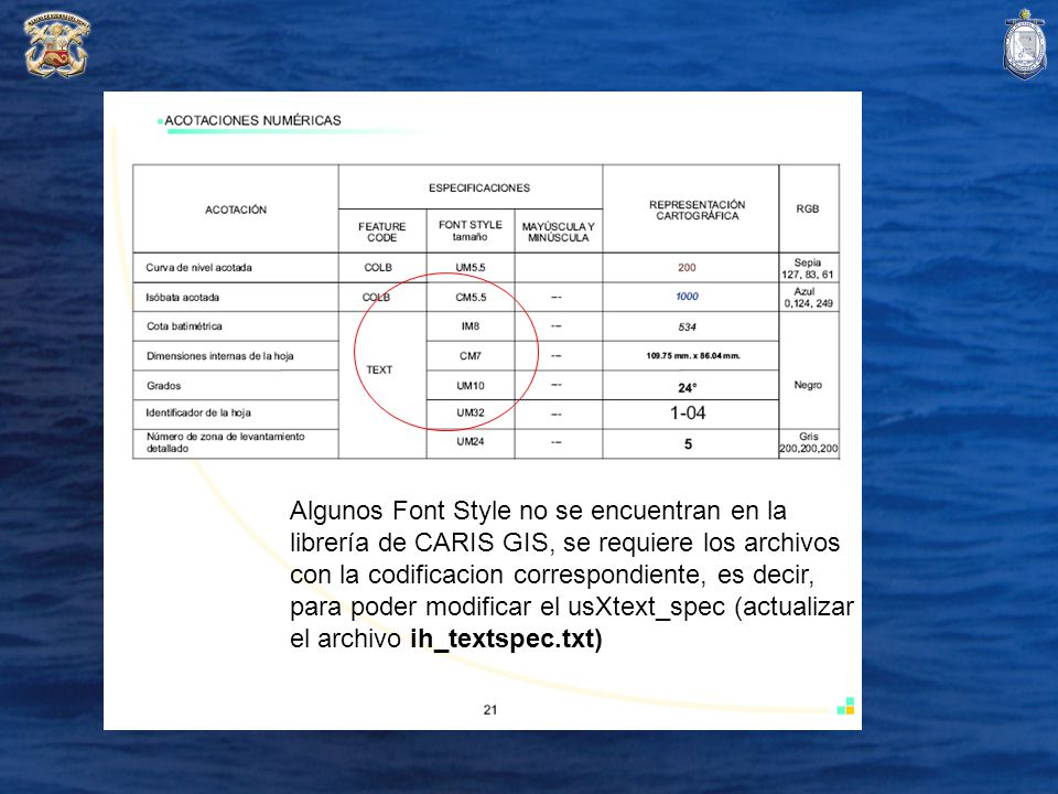 Algunos Font Style no se encuentran en la librería de CARIS GIS, se requiere los archivos con la codificacion correspondiente, es decir, para poder modificar el usXtext_spec (actualizar el archivo ih_textspec.txt)