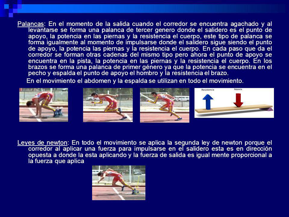Palancas: En el momento de la salida cuando el corredor se encuentra agachado y al levantarse se forma una palanca de tercer genero donde el salidero es el punto de apoyo, la potencia en las piernas y la resistencia el cuerpo, este tipo de palanca se forma igualmente al momento de impulsarse donde el salidero sigue siendo el punto de apoyo, la potencia las piernas y la resistencia el cuerpo. En cada paso que da el corredor se forman otras cadenas del mismo tipo pero ahora el punto de apoyo se encuentra en la pista, la potencia en las piernas y la resistencia el cuerpo. En los brazos se forma una palanca de primer género ya que la potencia se encuentra en el pecho y espalda el punto de apoyo el hombro y la resistencia el brazo.