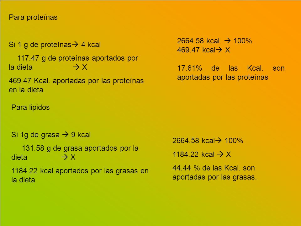 Para proteínas Si 1 g de proteínas 4 kcal g de proteínas aportados por la dieta  X.