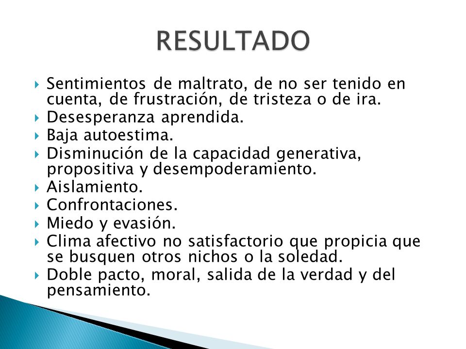 RESULTADO Sentimientos de maltrato, de no ser tenido en cuenta, de frustración, de tristeza o de ira.