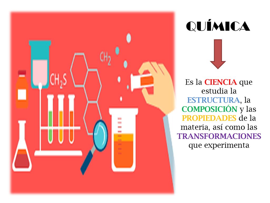 QUÍMICA Es la CIENCIA que estudia la ESTRUCTURA, la COMPOSICIÓN y las PROPIEDADES de la materia, así como las TRANSFORMACIONES que experimenta.