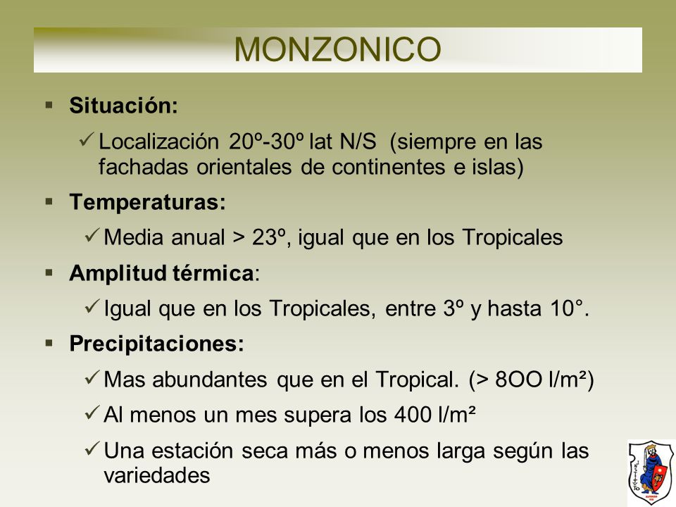 MONZONICO Situación: Localización 20º-30º lat N/S (siempre en las fachadas orientales de continentes e islas)