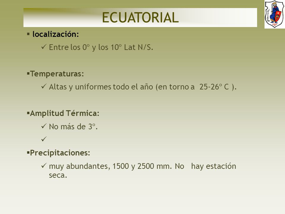 ECUATORIAL localización: Entre los 0º y los 10º Lat N/S. Temperaturas: