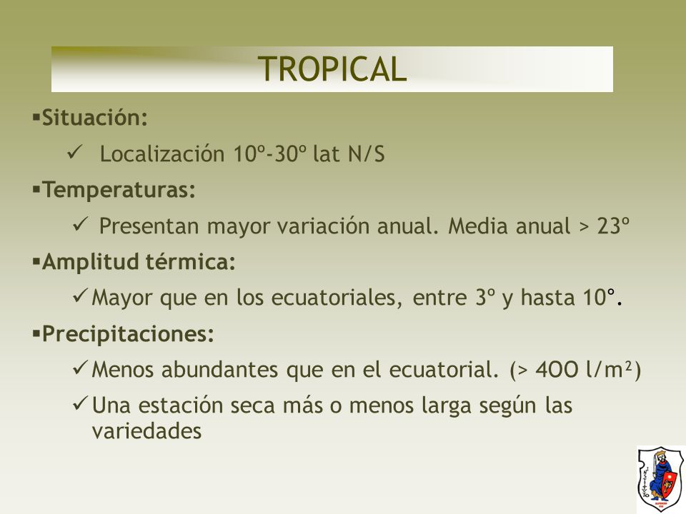 TROPICAL Situación: Localización 10º-30º lat N/S Temperaturas: