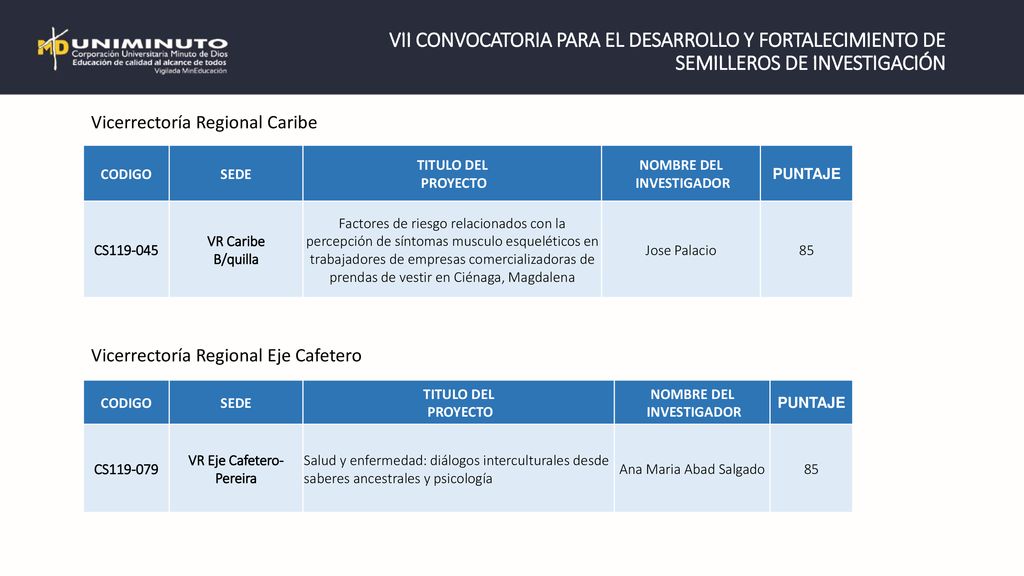 VII CONVOCATORIA PARA EL DESARROLLO Y FORTALECIMIENTO DE SEMILLEROS DE INVESTIGACIÓN
