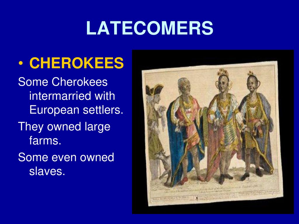 LATECOMERS CHEROKEES. Some Cherokees intermarried with European settlers. They owned large farms.