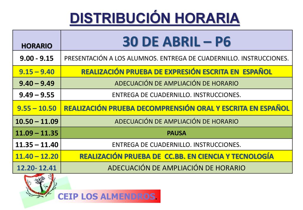 30 DE ABRIL – P6 DISTRIBUCIÓN HORARIA CEIP LOS ALMENDROS. HORARIO