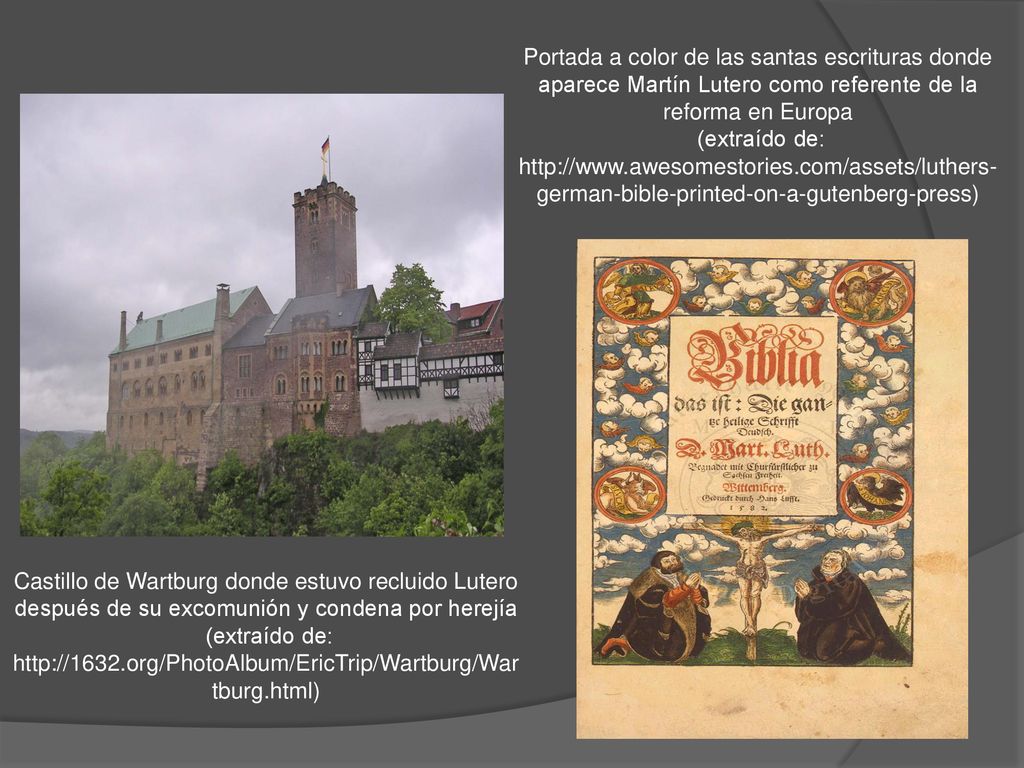 Portada a color de las santas escrituras donde aparece Martín Lutero como referente de la reforma en Europa