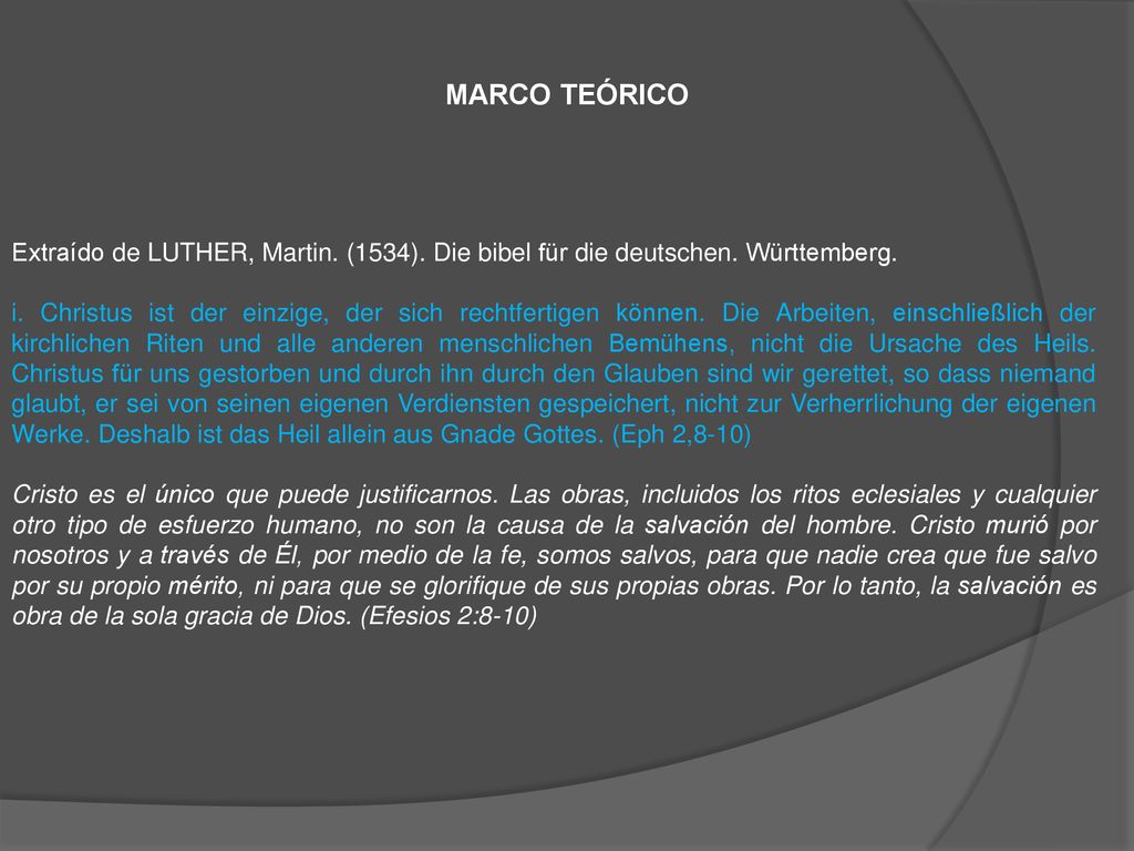 Marco teórico Extraído de LUTHER, Martin. (1534). Die bibel für die deutschen. Württemberg.