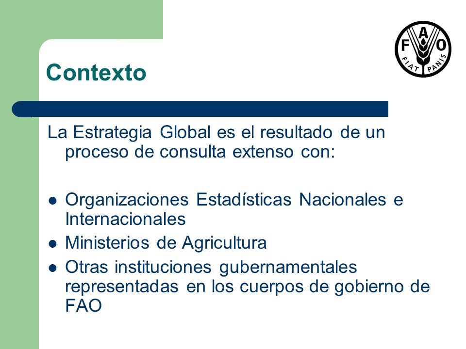 Contexto La Estrategia Global es el resultado de un proceso de consulta extenso con: Organizaciones Estadísticas Nacionales e Internacionales.