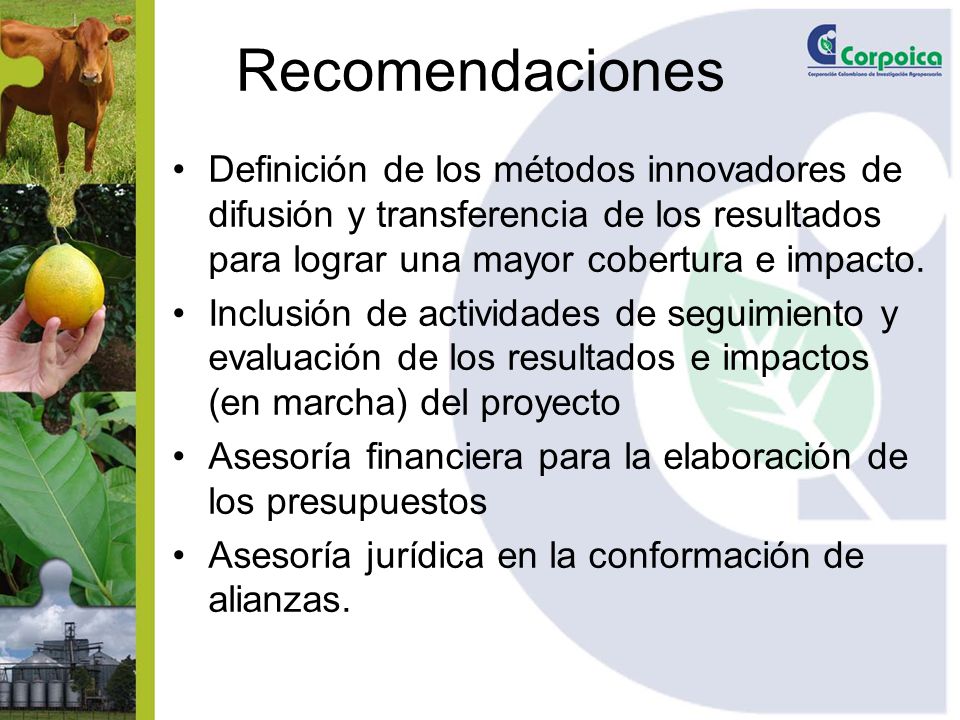 Recomendaciones Definición de los métodos innovadores de difusión y transferencia de los resultados para lograr una mayor cobertura e impacto.