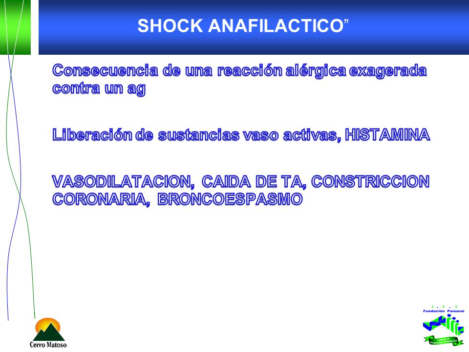 SHOCK ANAFILACTICO Consecuencia de una reacción alérgica exagerada contra un ag. Liberación de sustancias vaso activas, HISTAMINA.
