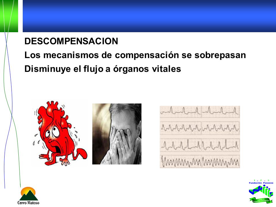 DESCOMPENSACION Los mecanismos de compensación se sobrepasan Disminuye el flujo a órganos vitales