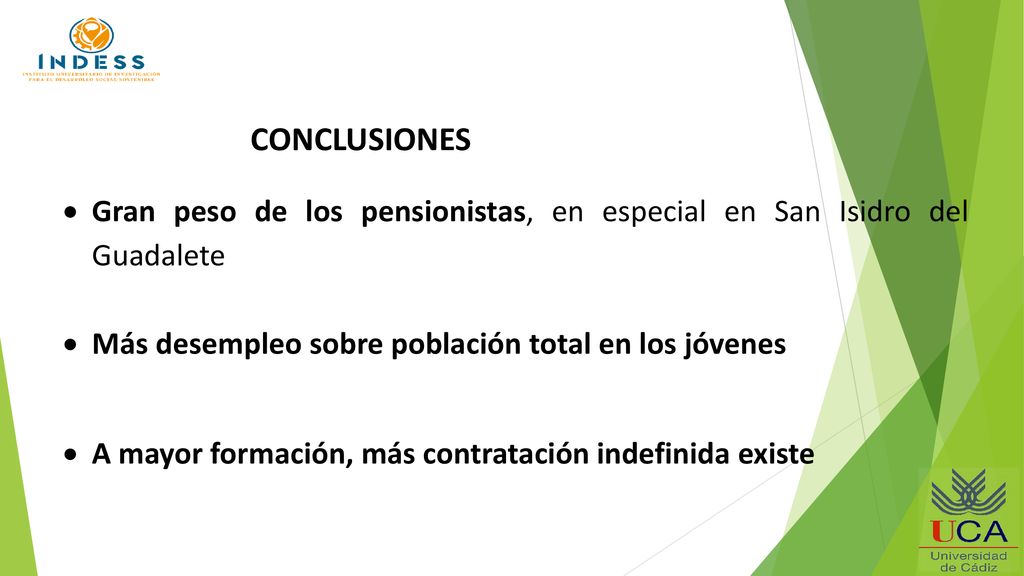CONCLUSIONES Gran peso de los pensionistas, en especial en San Isidro del Guadalete. Más desempleo sobre población total en los jóvenes.