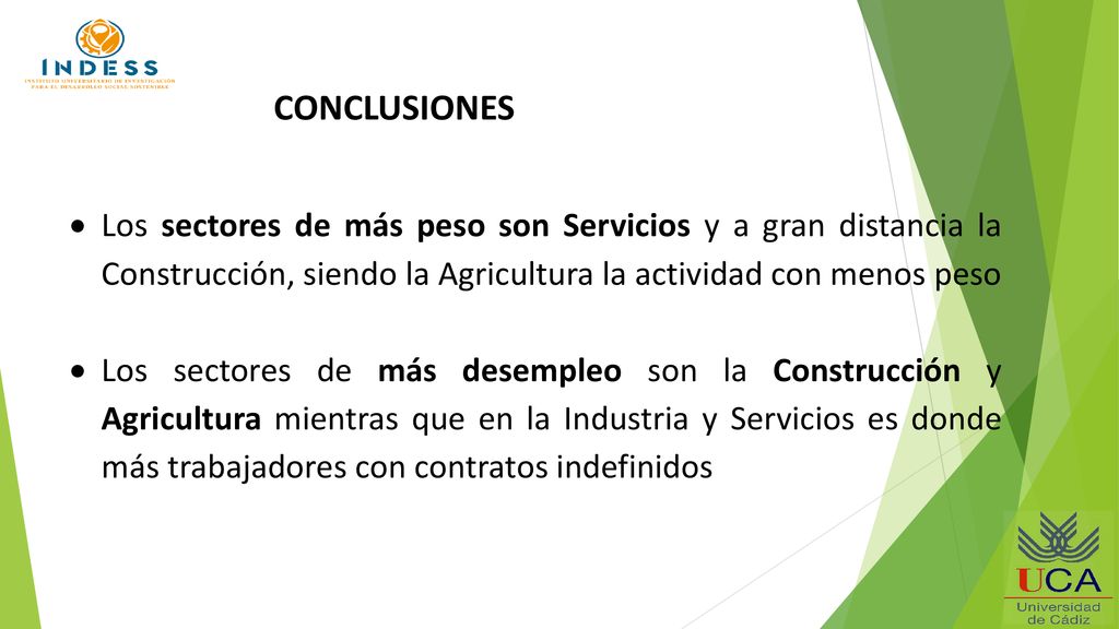 CONCLUSIONES Los sectores de más peso son Servicios y a gran distancia la Construcción, siendo la Agricultura la actividad con menos peso.