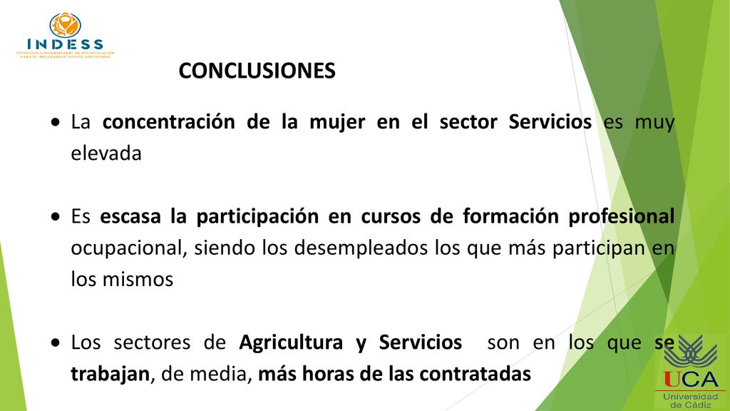 CONCLUSIONES La concentración de la mujer en el sector Servicios es muy elevada.