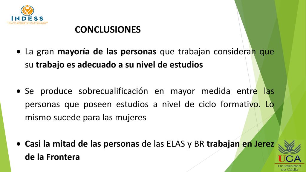 CONCLUSIONES La gran mayoría de las personas que trabajan consideran que su trabajo es adecuado a su nivel de estudios.