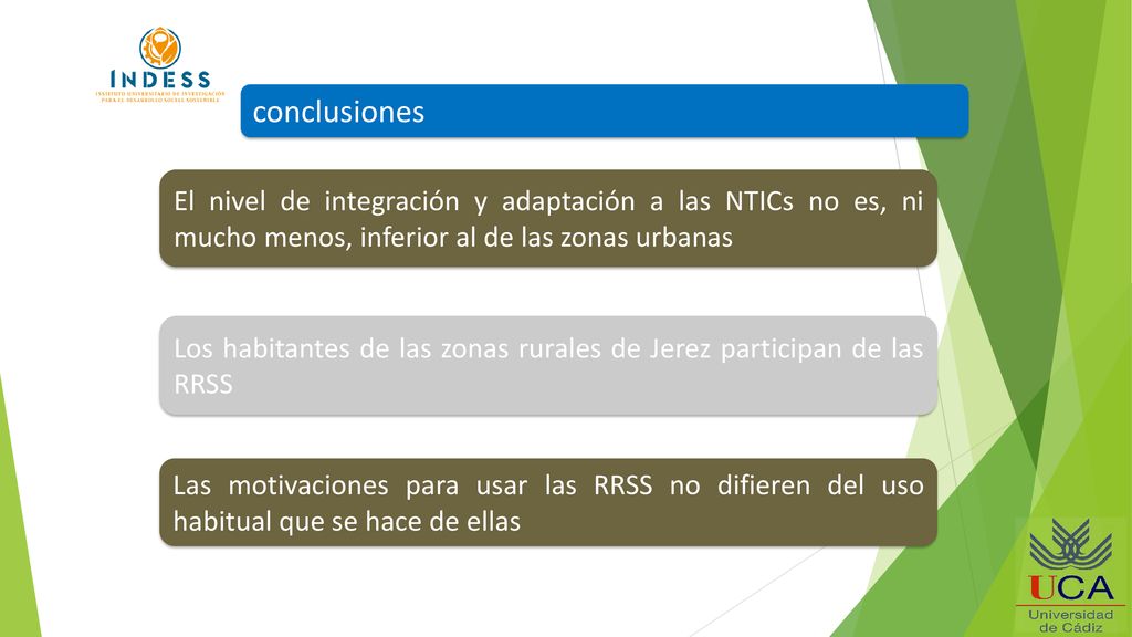 conclusiones El nivel de integración y adaptación a las NTICs no es, ni mucho menos, inferior al de las zonas urbanas.