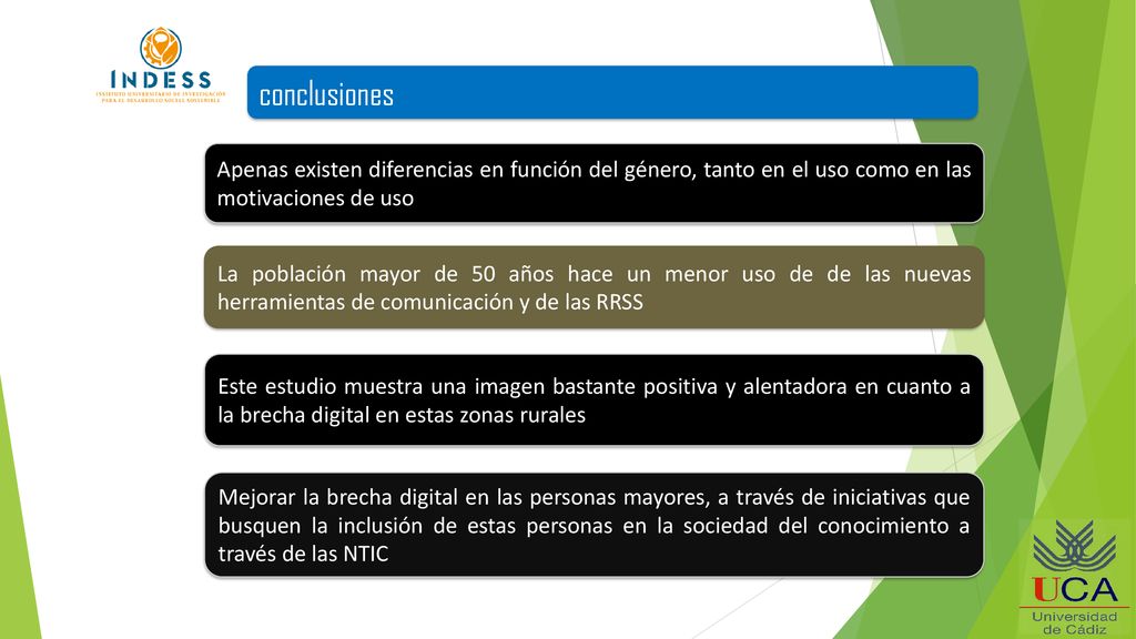 conclusiones Apenas existen diferencias en función del género, tanto en el uso como en las motivaciones de uso.