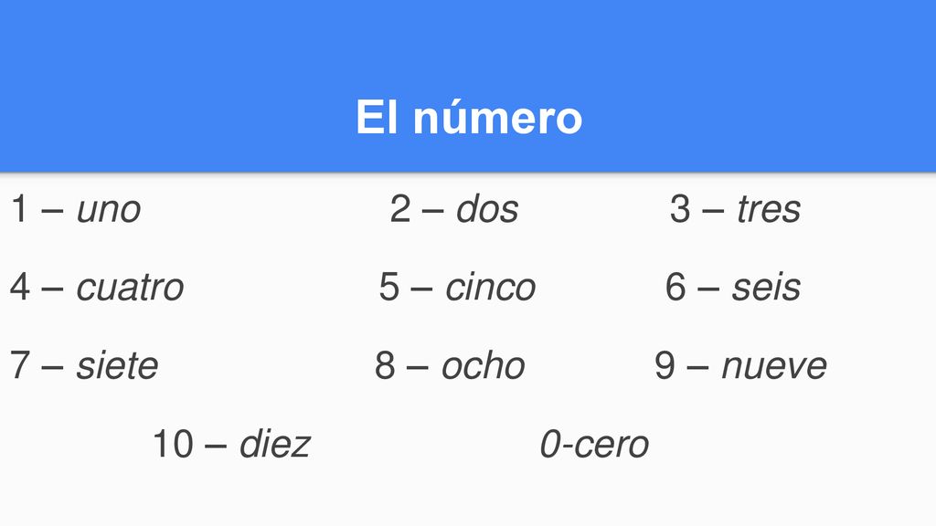 El número 1 – uno 2 – dos 3 – tres 4 – cuatro 5 – cinco 6 – seis