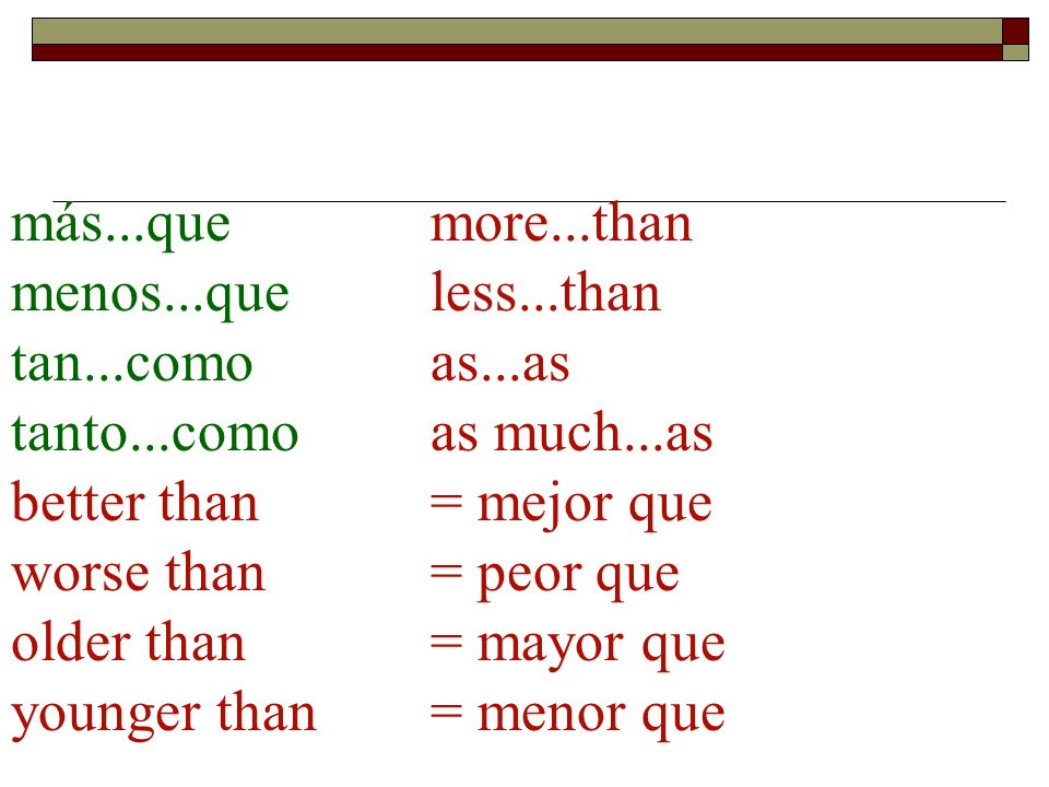 más...que more...than menos...que less...than. tan...como as...as. tanto...como as much...as.