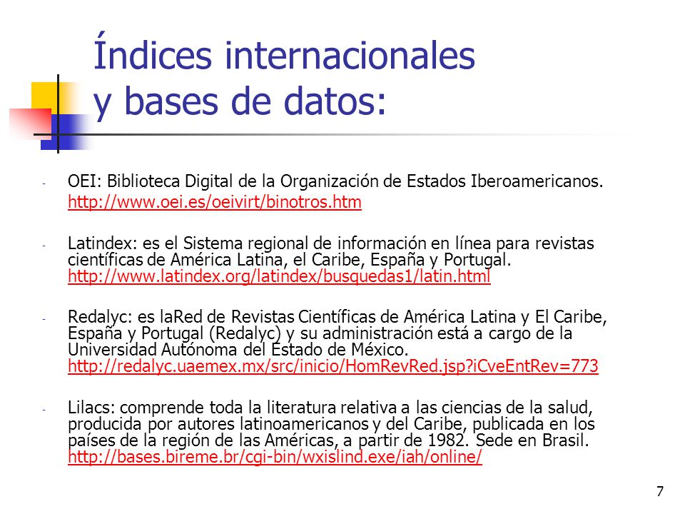 Índices internacionales y bases de datos: