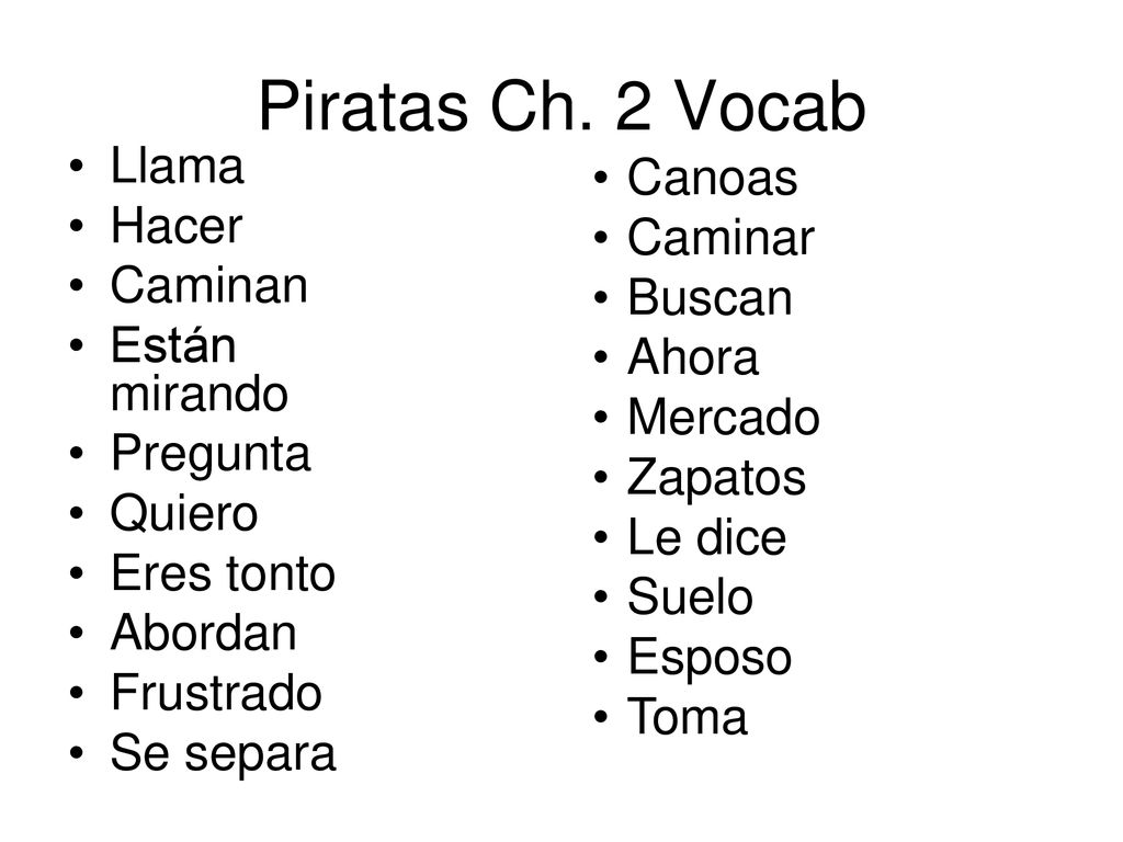 Piratas Ch. 2 Vocab Llama Hacer Caminan Están mirando Pregunta Quiero