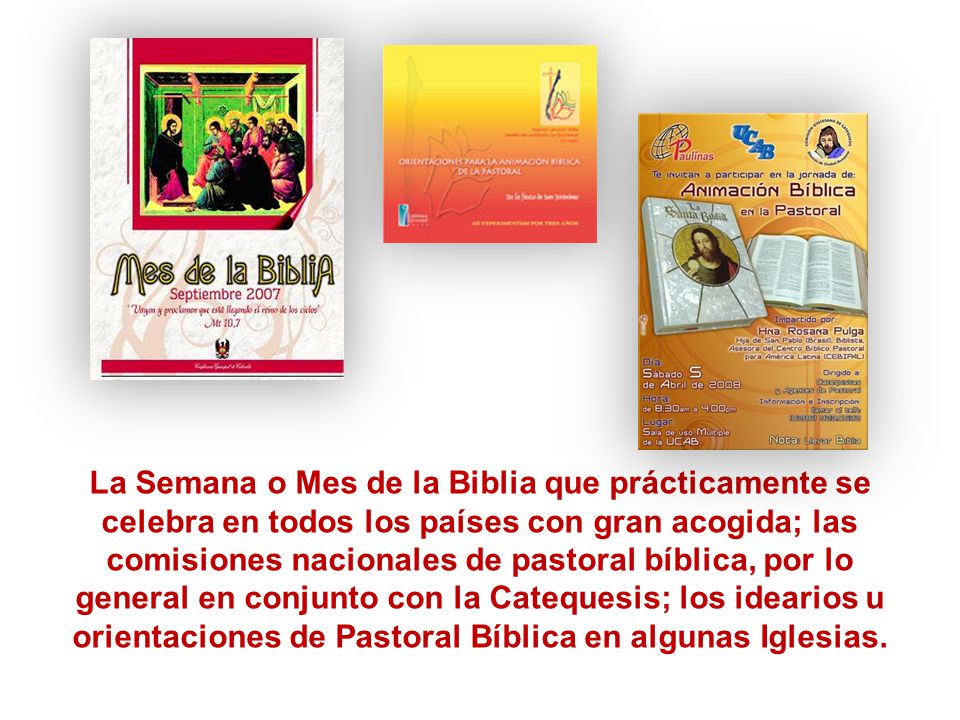 La Semana o Mes de la Biblia que prácticamente se celebra en todos los países con gran acogida; las comisiones nacionales de pastoral bíblica, por lo general en conjunto con la Catequesis; los idearios u orientaciones de Pastoral Bíblica en algunas Iglesias.