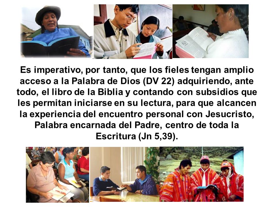 Es imperativo, por tanto, que los fieles tengan amplio acceso a la Palabra de Dios (DV 22) adquiriendo, ante todo, el libro de la Biblia y contando con subsidios que les permitan iniciarse en su lectura, para que alcancen la experiencia del encuentro personal con Jesucristo, Palabra encarnada del Padre, centro de toda la Escritura (Jn 5,39).