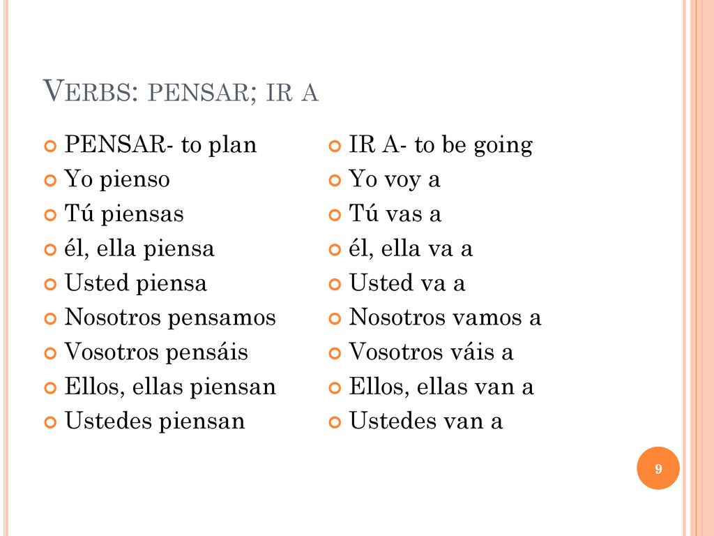 Verbs: pensar; ir a PENSAR- to plan IR A- to be going Yo pienso