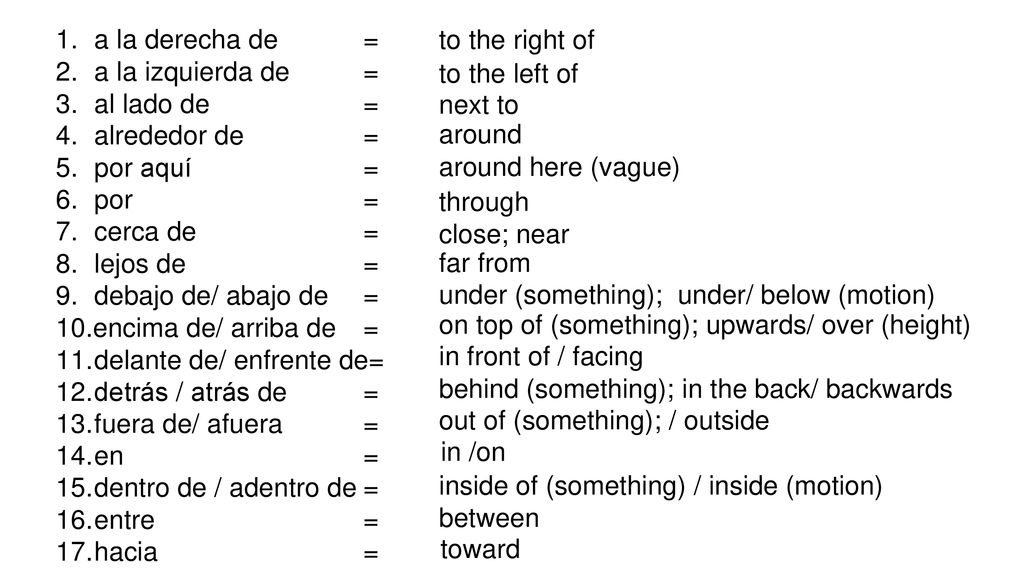 a la derecha de = a la izquierda de = al lado de = alrededor de = por aquí = por = cerca de =