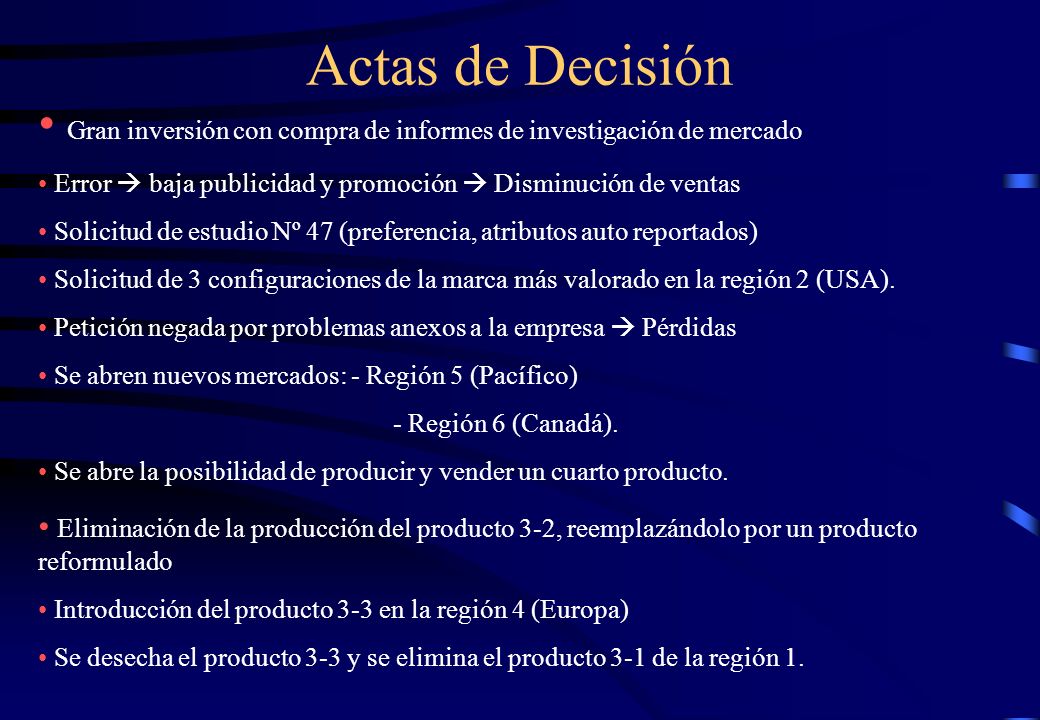 Actas de Decisión Gran inversión con compra de informes de investigación de mercado. Error  baja publicidad y promoción  Disminución de ventas.