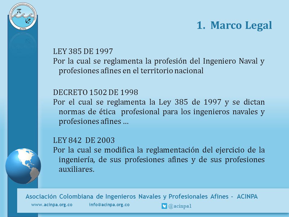 1. Marco Legal LEY 385 DE Por la cual se reglamenta la profesión del Ingeniero Naval y profesiones afines en el territorio nacional.