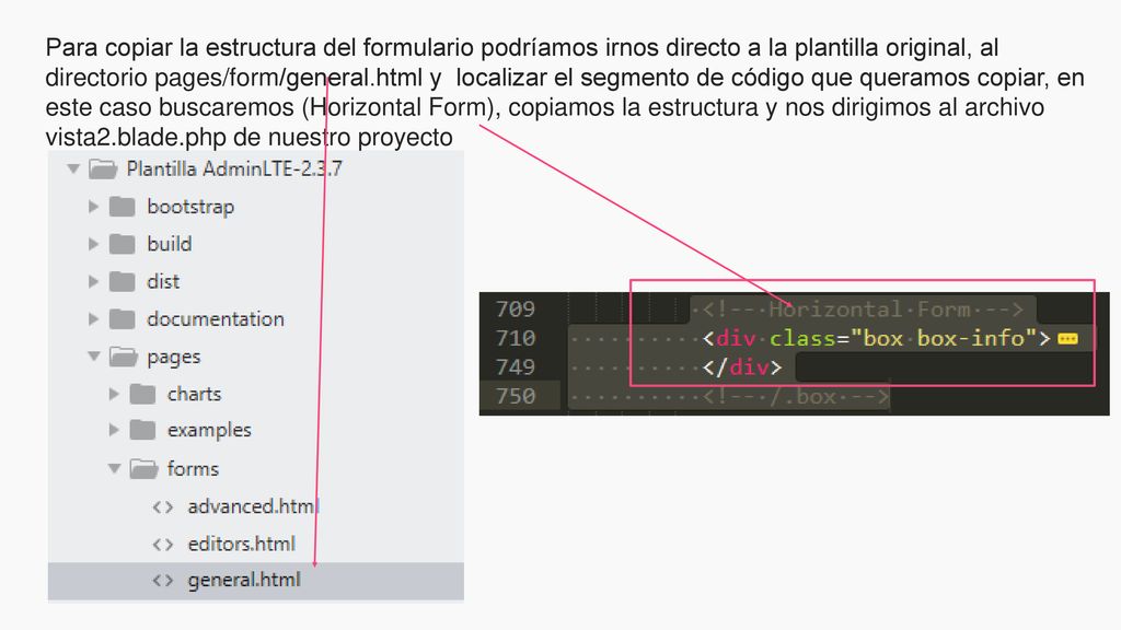 Para copiar la estructura del formulario podríamos irnos directo a la plantilla original, al directorio pages/form/general.html y localizar el segmento de código que queramos copiar, en este caso buscaremos (Horizontal Form), copiamos la estructura y nos dirigimos al archivo vista2.blade.php de nuestro proyecto