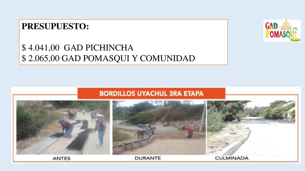 PRESUPUESTO: $ 4.041,00 GAD PICHINCHA $ 2.065,00 GAD POMASQUI Y COMUNIDAD