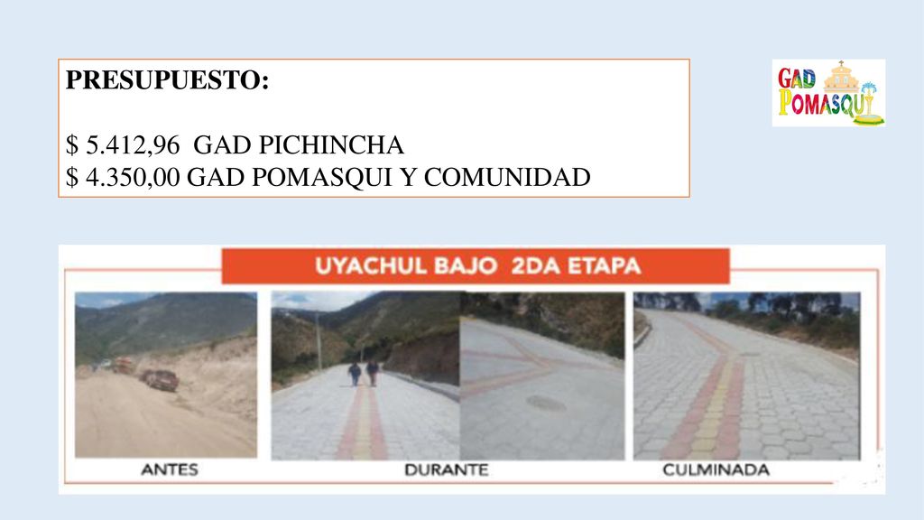 PRESUPUESTO: $ 5.412,96 GAD PICHINCHA $ 4.350,00 GAD POMASQUI Y COMUNIDAD